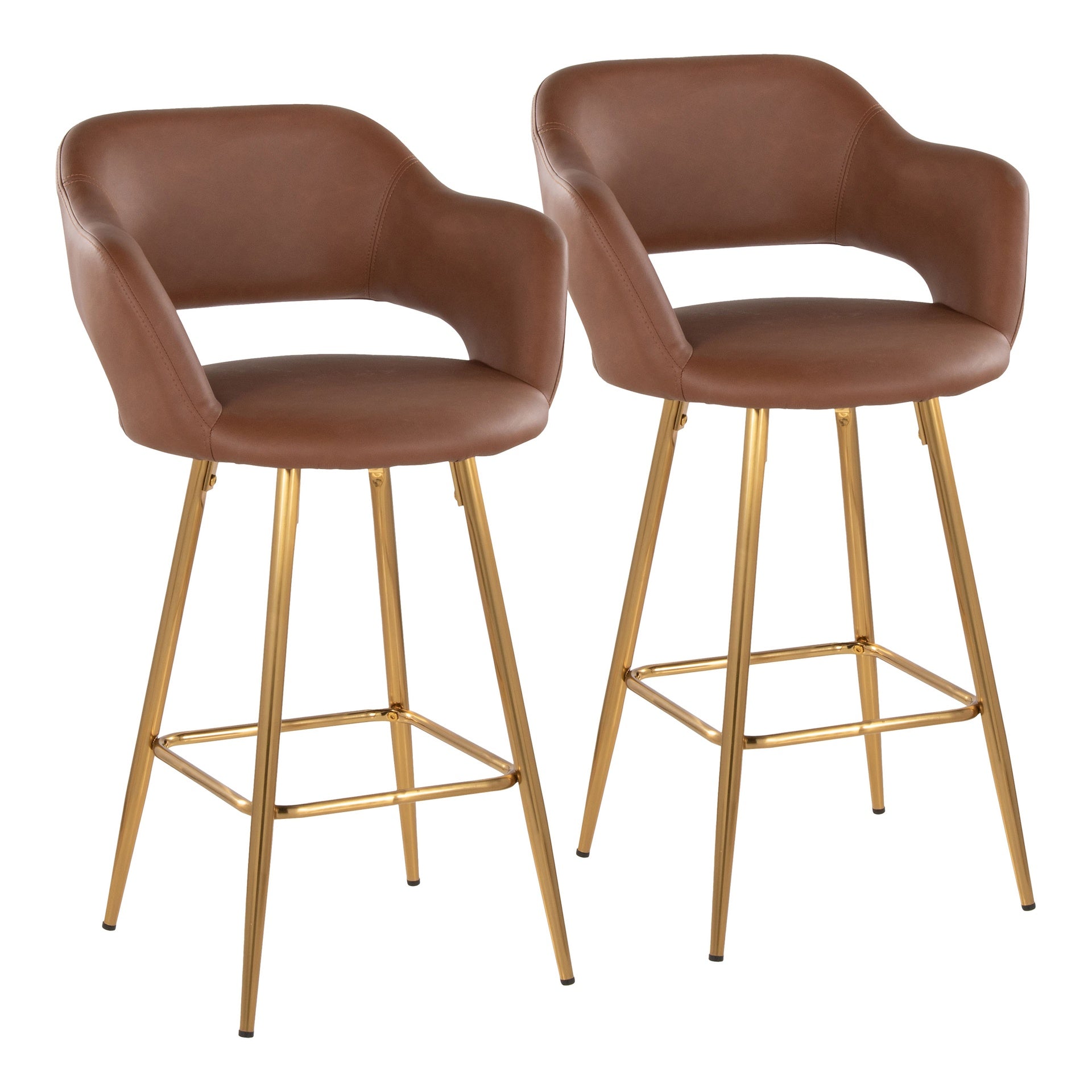 Margarite 26" Contemporary Fixed-Height Counter Stool in Gold Metal and Brown Faux Leather with Square Gold Metal Footrest by LumiSource - Set of 2