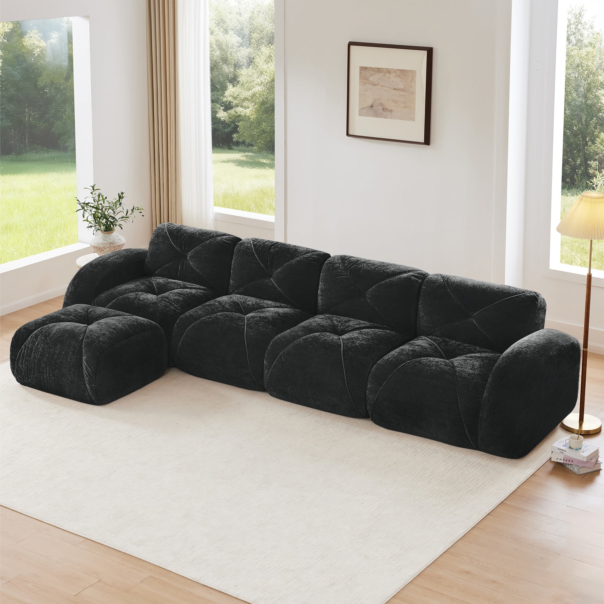 L-shaped Soft Velvet Fabric,Tufted Design,32D High Density Sponge Bottom,Ergonomic Design Bottom,Anti-Slip Design,Free Combination,No Assembly Required,Movable Ottoman For Living Rooms,Black
