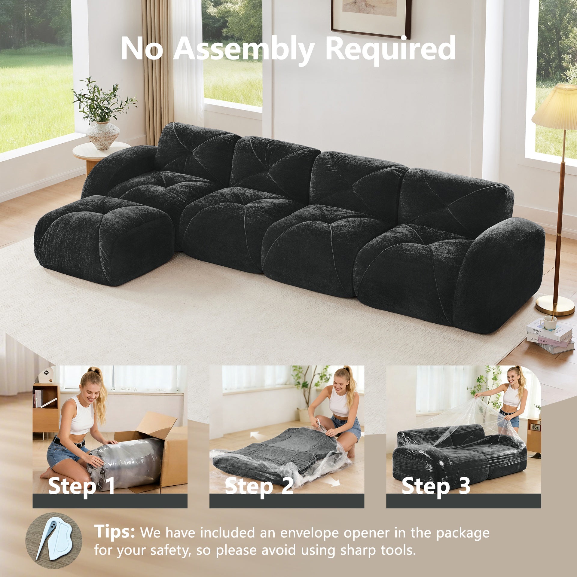 L-shaped Soft Velvet Fabric,Tufted Design,32D High Density Sponge Bottom,Ergonomic Design Bottom,Anti-Slip Design,Free Combination,No Assembly Required,Movable Ottoman For Living Rooms,Black