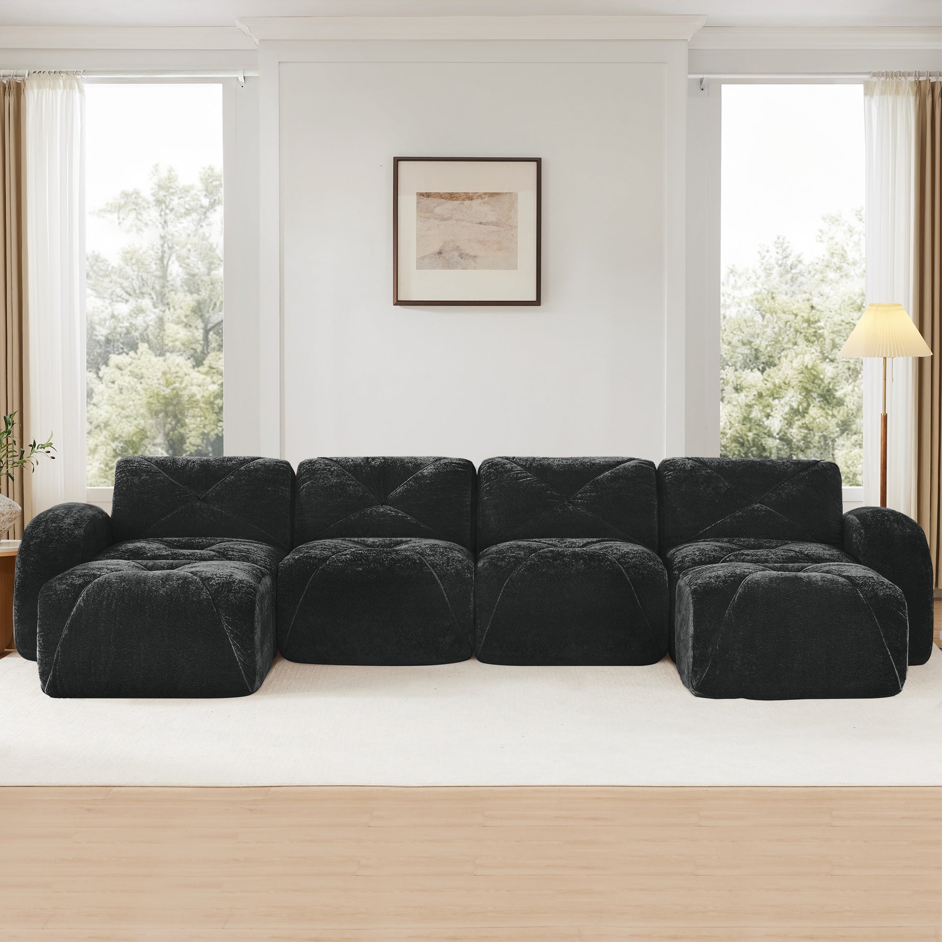 U-shaped Boneless Sofa,Tufted Design,32D High Density Sponge  Bottom,Anti-Slip Design,No Assembly Required,Free Combination,Movable Ottomans For Living Rooms,Home Theater,Black