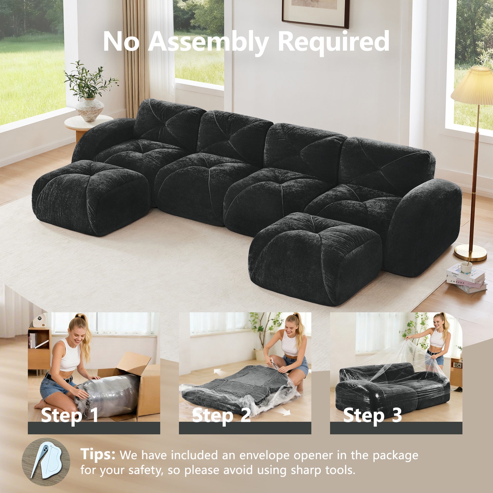 U-shaped Boneless Sofa,Tufted Design,32D High Density Sponge  Bottom,Anti-Slip Design,No Assembly Required,Free Combination,Movable Ottomans For Living Rooms,Home Theater,Black