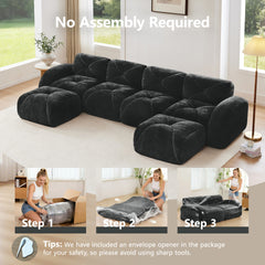 U-shaped Boneless Sofa,Tufted Design,32D High Density Sponge  Bottom,Anti-Slip Design,No Assembly Required,Free Combination,Movable Ottomans For Living Rooms,Home Theater,Black