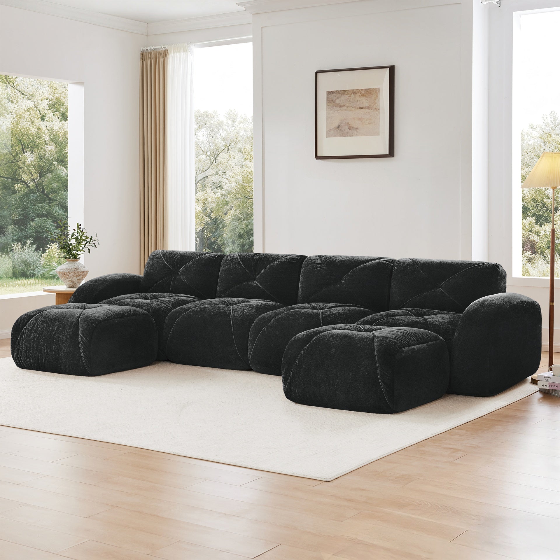 U-shaped Boneless Sofa,Tufted Design,32D High Density Sponge  Bottom,Anti-Slip Design,No Assembly Required,Free Combination,Movable Ottomans For Living Rooms,Home Theater,Black