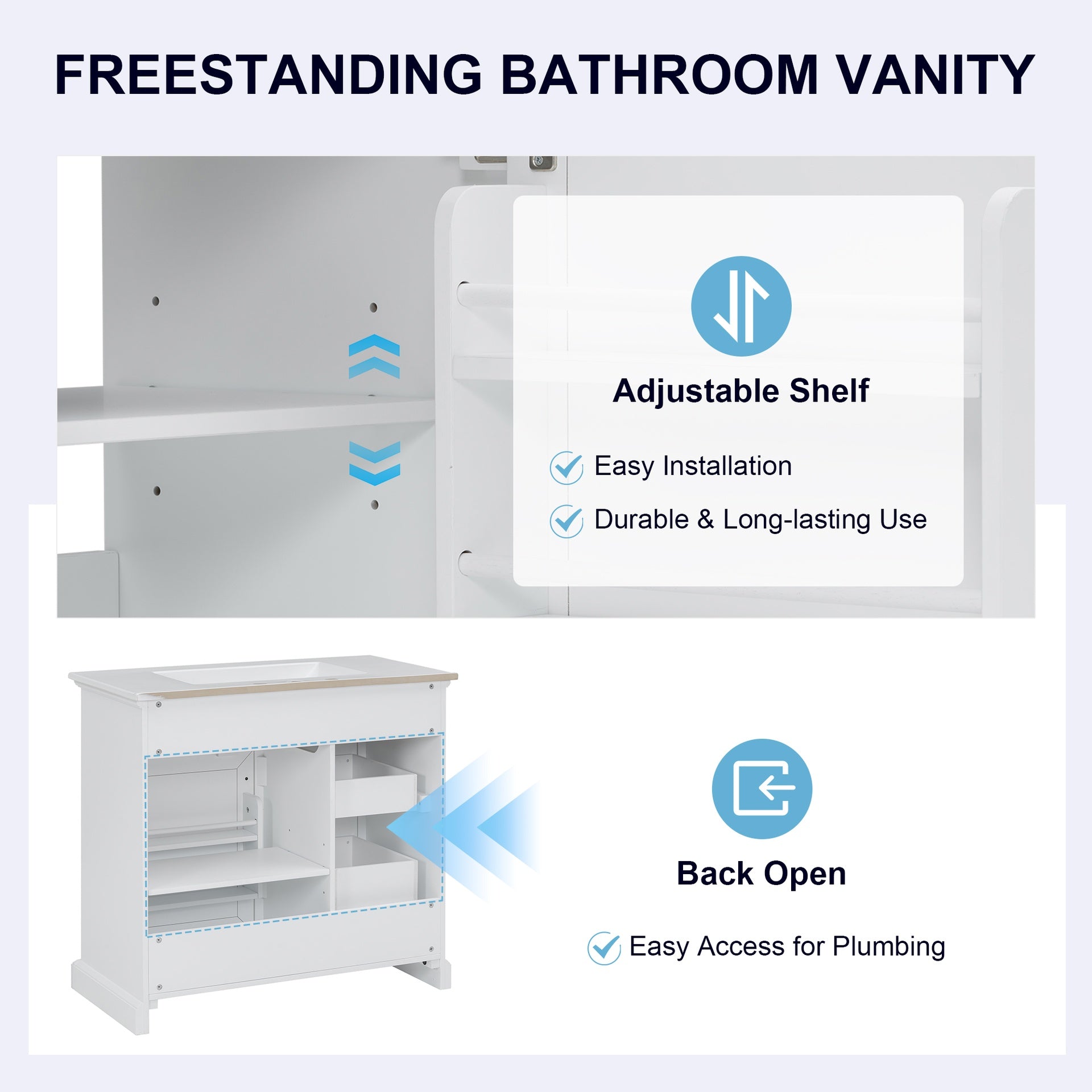 36-Inch Bathroom Vanity with Ceramic Sink Top, 4 Drawers and 1 Soft-Close Door, Freestanding Storage Cabinet with Metal Handles, Pre-Drilled for 8-Inch Faucet, White Finish