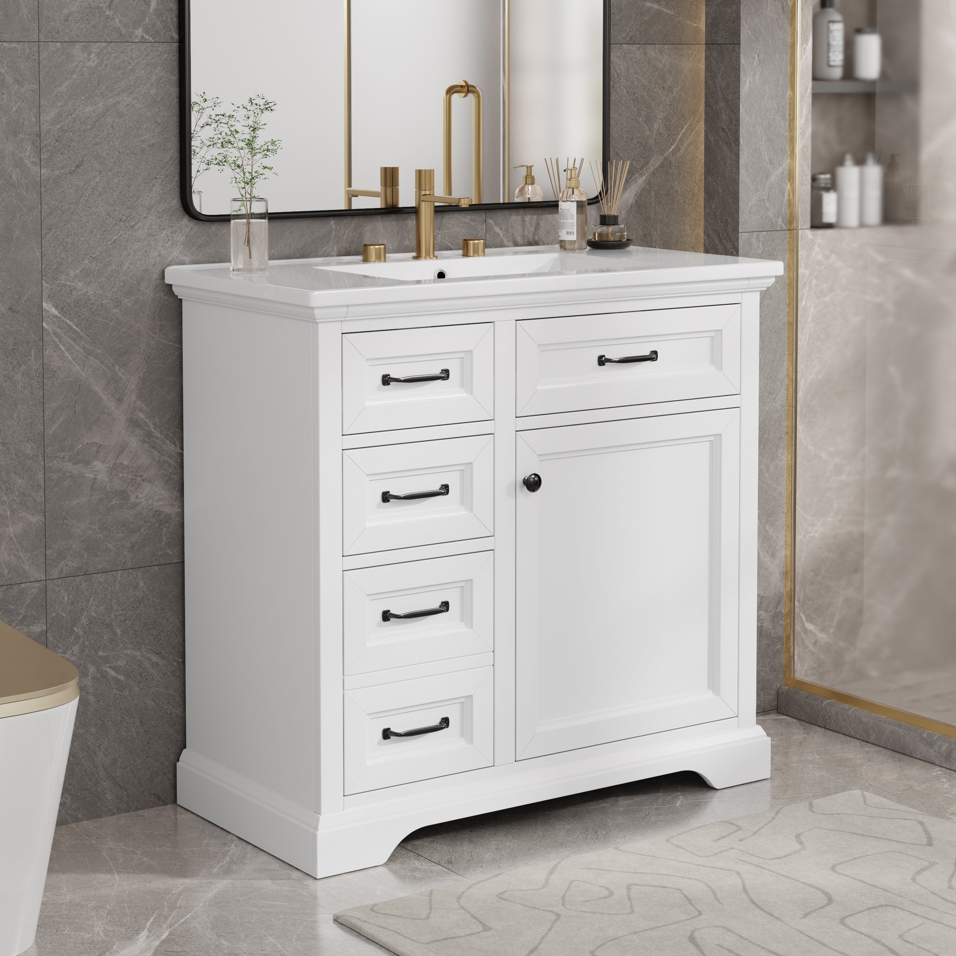 36-Inch Bathroom Vanity with Ceramic Sink Top, 4 Drawers and 1 Soft-Close Door, Freestanding Storage Cabinet with Metal Handles, Pre-Drilled for 8-Inch Faucet, White Finish