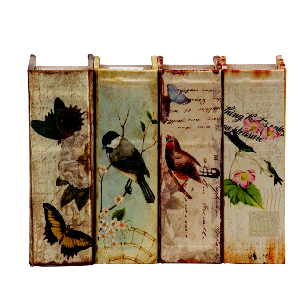 Set of 4 Book Boxes with Birds, Flowers, and Handwriting Design, 5.5x4x2"