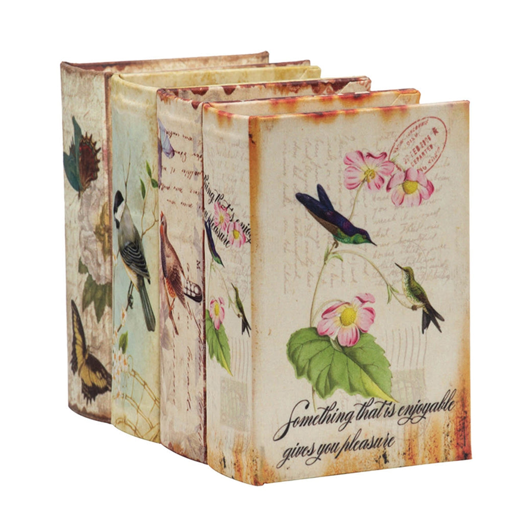 Set of 4 Book Boxes with Birds, Flowers, and Handwriting Design, 5.5x4x2"