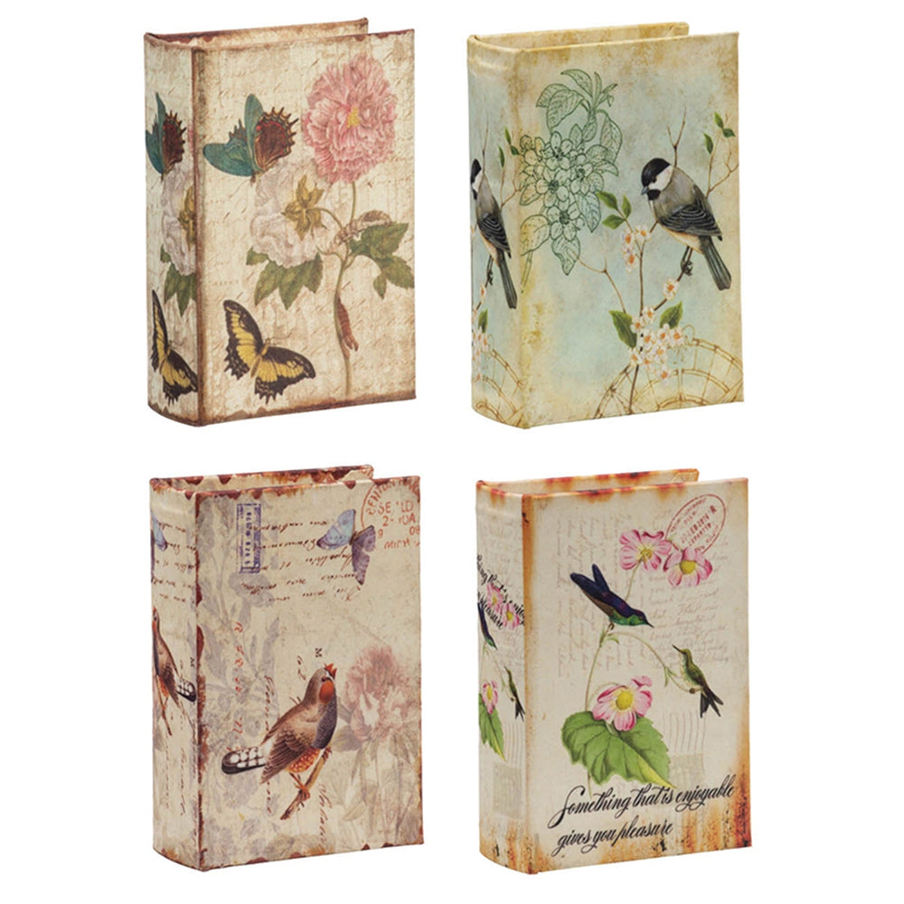 Set of 4 Book Boxes with Birds, Flowers, and Handwriting Design, 5.5x4x2"
