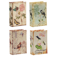 Set of 4 Book Boxes with Birds, Flowers, and Handwriting Design, 5.5x4x2"