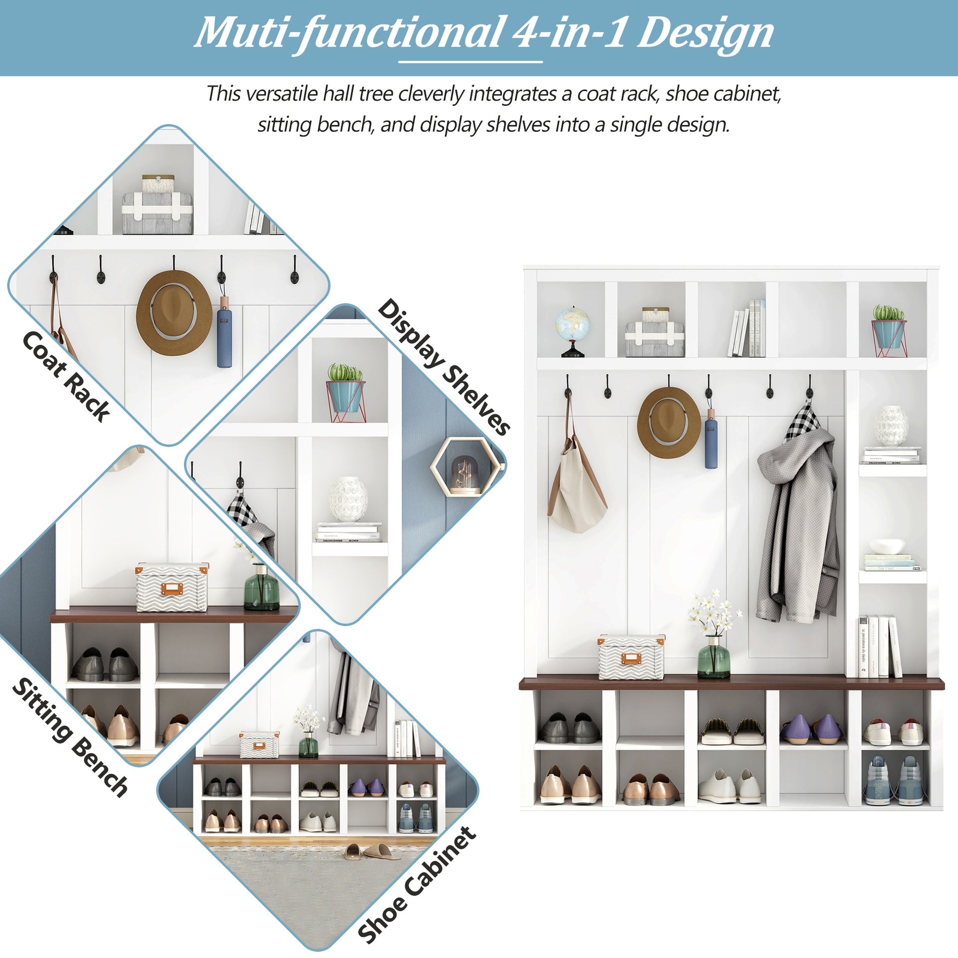 Farmhouse Wooden Hall Tree with 6 Hooks, Walnut Storage Bench with Adjustable Shelves, 4-in-1 Entryway Shoe Cabinet with Cubbies for Mudroom, Living Room, White, 76.7"H (OLD SKU: N721S000044K)