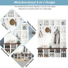 Farmhouse Wooden Hall Tree with 6 Hooks, Walnut Storage Bench with Adjustable Shelves, 4-in-1 Entryway Shoe Cabinet with Cubbies for Mudroom, Living Room, White, 76.7"H (OLD SKU: N721S000044K)