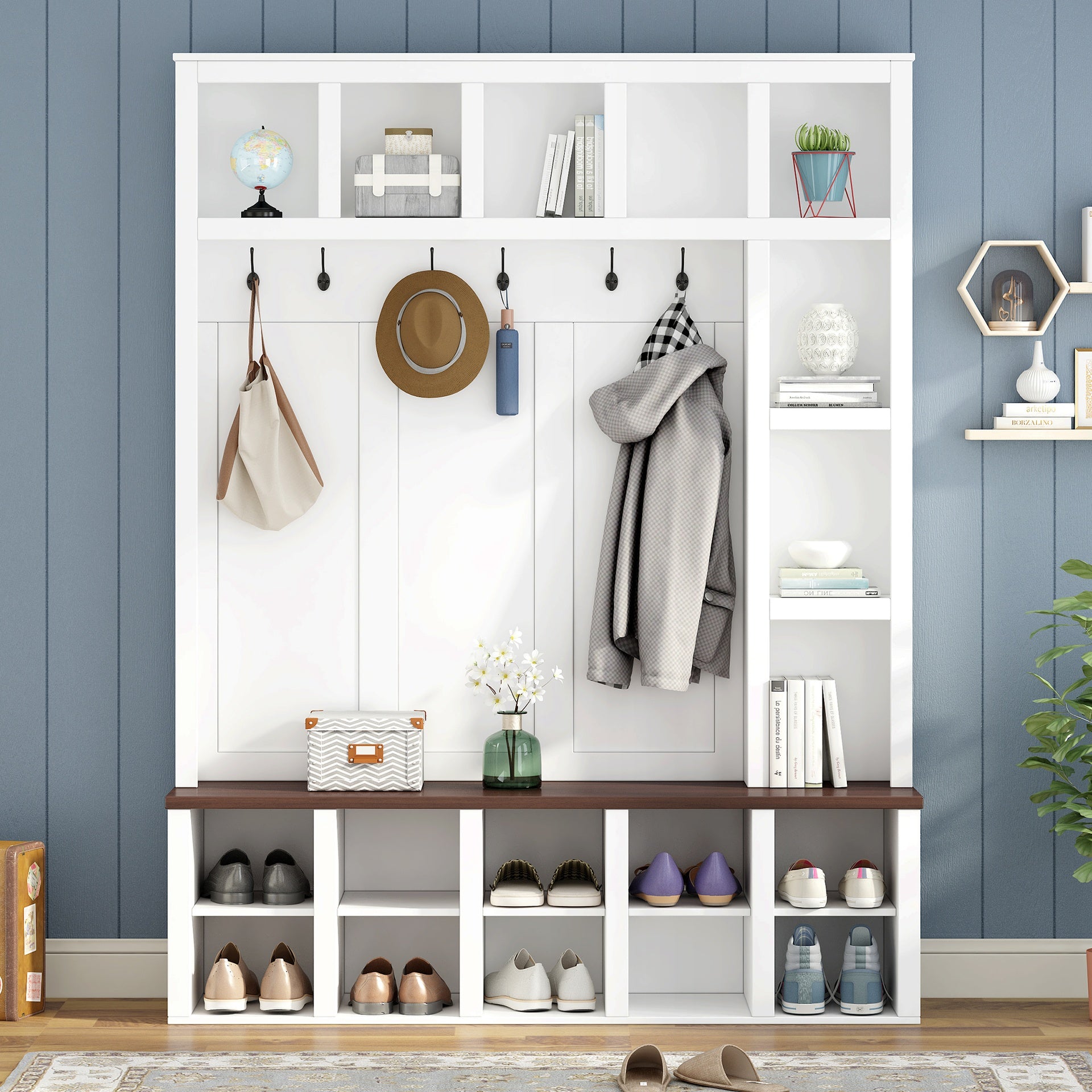 Farmhouse Wooden Hall Tree with 6 Hooks, Walnut Storage Bench with Adjustable Shelves, 4-in-1 Entryway Shoe Cabinet with Cubbies for Mudroom, Living Room, White, 76.7"H (OLD SKU: N721S000044K)
