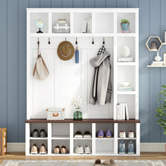 Farmhouse Wooden Hall Tree with 6 Hooks, Walnut Storage Bench with Adjustable Shelves, 4-in-1 Entryway Shoe Cabinet with Cubbies for Mudroom, Living Room, White, 76.7"H (OLD SKU: N721S000044K)