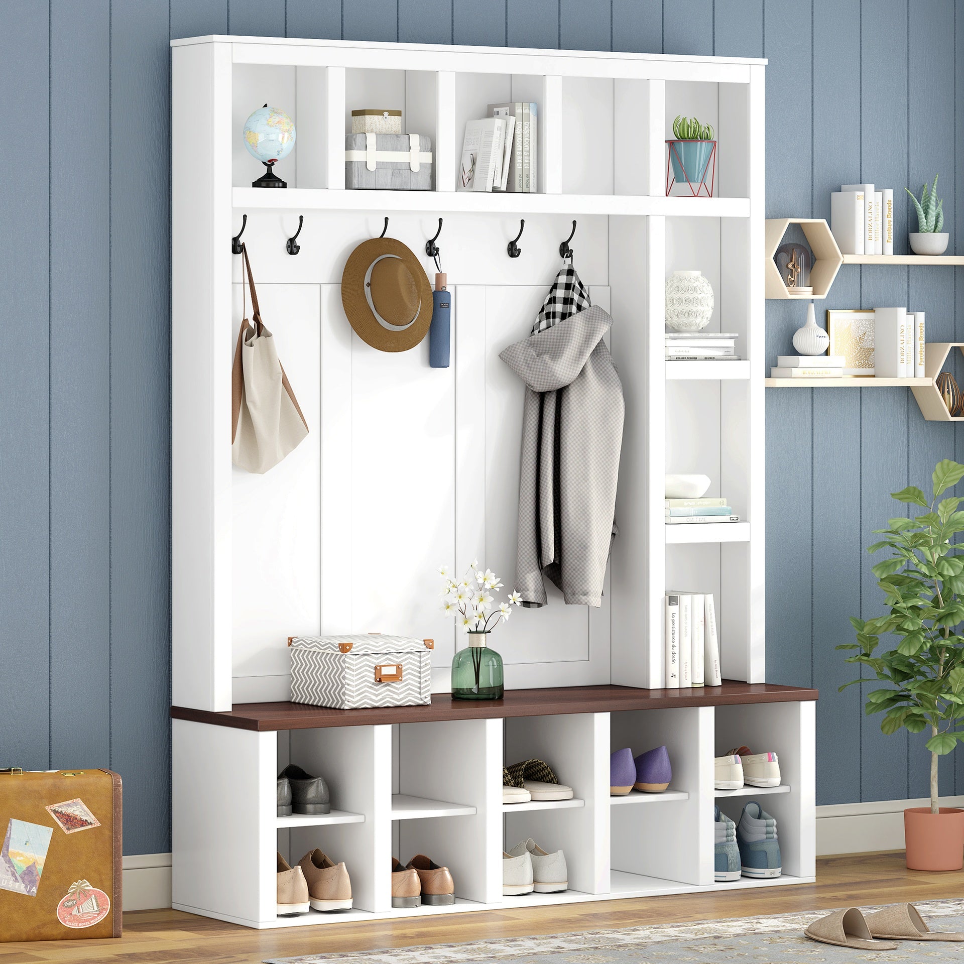 Farmhouse Wooden Hall Tree with 6 Hooks, Walnut Storage Bench with Adjustable Shelves, 4-in-1 Entryway Shoe Cabinet with Cubbies for Mudroom, Living Room, White, 76.7"H (OLD SKU: N721S000044K)