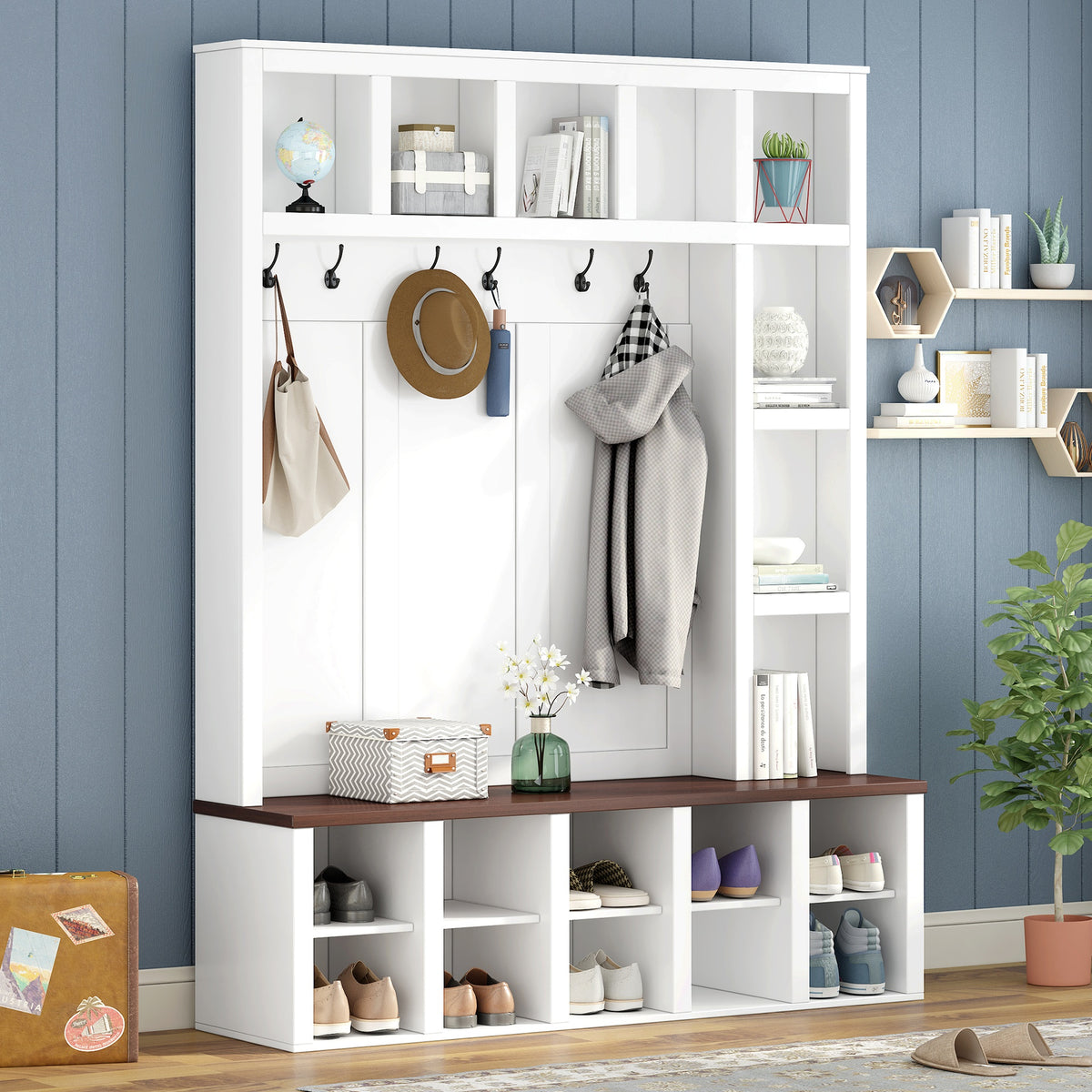 Farmhouse Wooden Hall Tree with 6 Hooks, Walnut Storage Bench with Adjustable Shelves, 4-in-1 Entryway Shoe Cabinet with Cubbies for Mudroom, Living Room, White, 76.7"H (OLD SKU: N721S000044K)