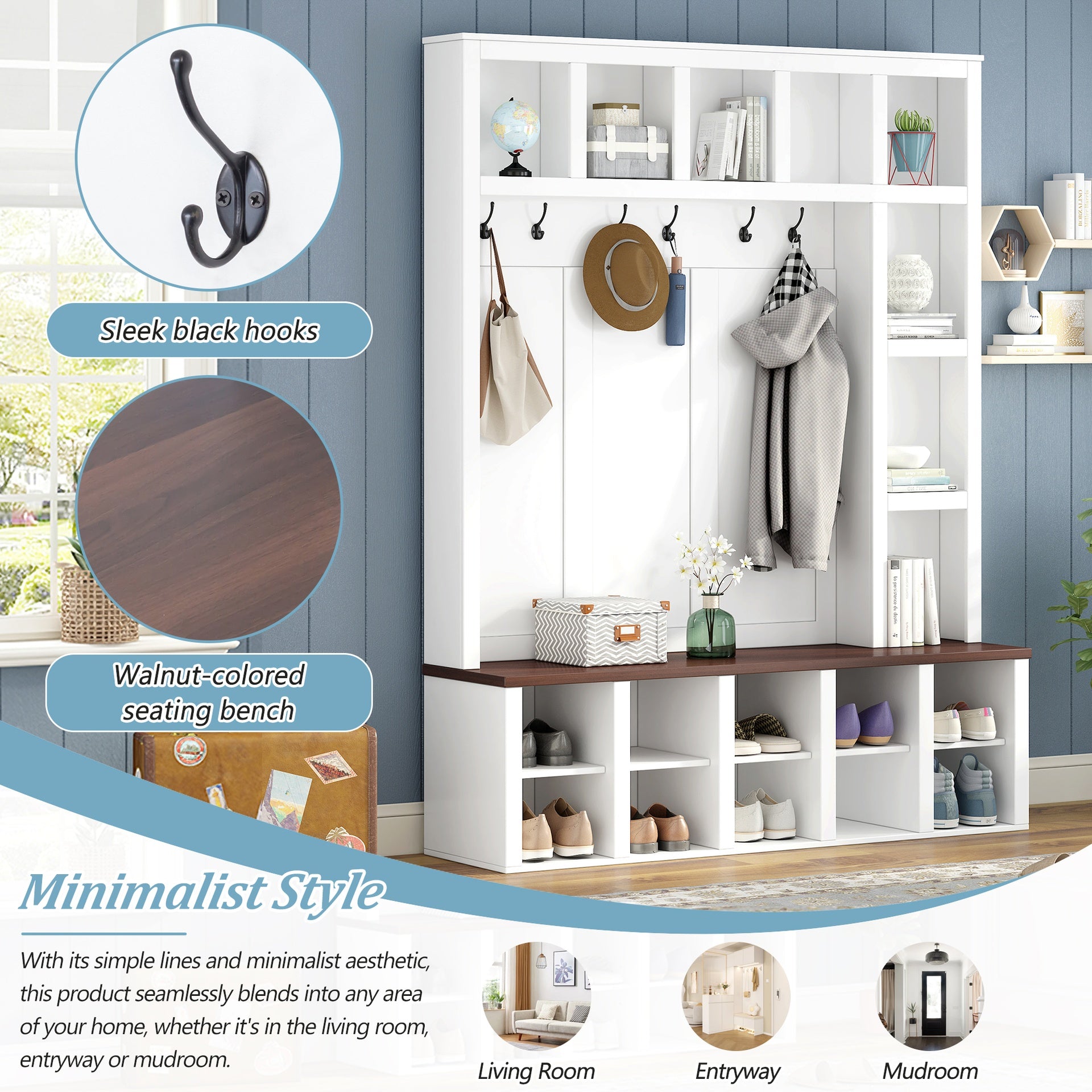 Farmhouse Wooden Hall Tree with 6 Hooks, Walnut Storage Bench with Adjustable Shelves, 4-in-1 Entryway Shoe Cabinet with Cubbies for Mudroom, Living Room, White, 76.7"H (OLD SKU: N721S000044K)