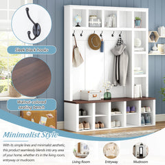 Farmhouse Wooden Hall Tree with 6 Hooks, Walnut Storage Bench with Adjustable Shelves, 4-in-1 Entryway Shoe Cabinet with Cubbies for Mudroom, Living Room, White, 76.7"H (OLD SKU: N721S000044K)
