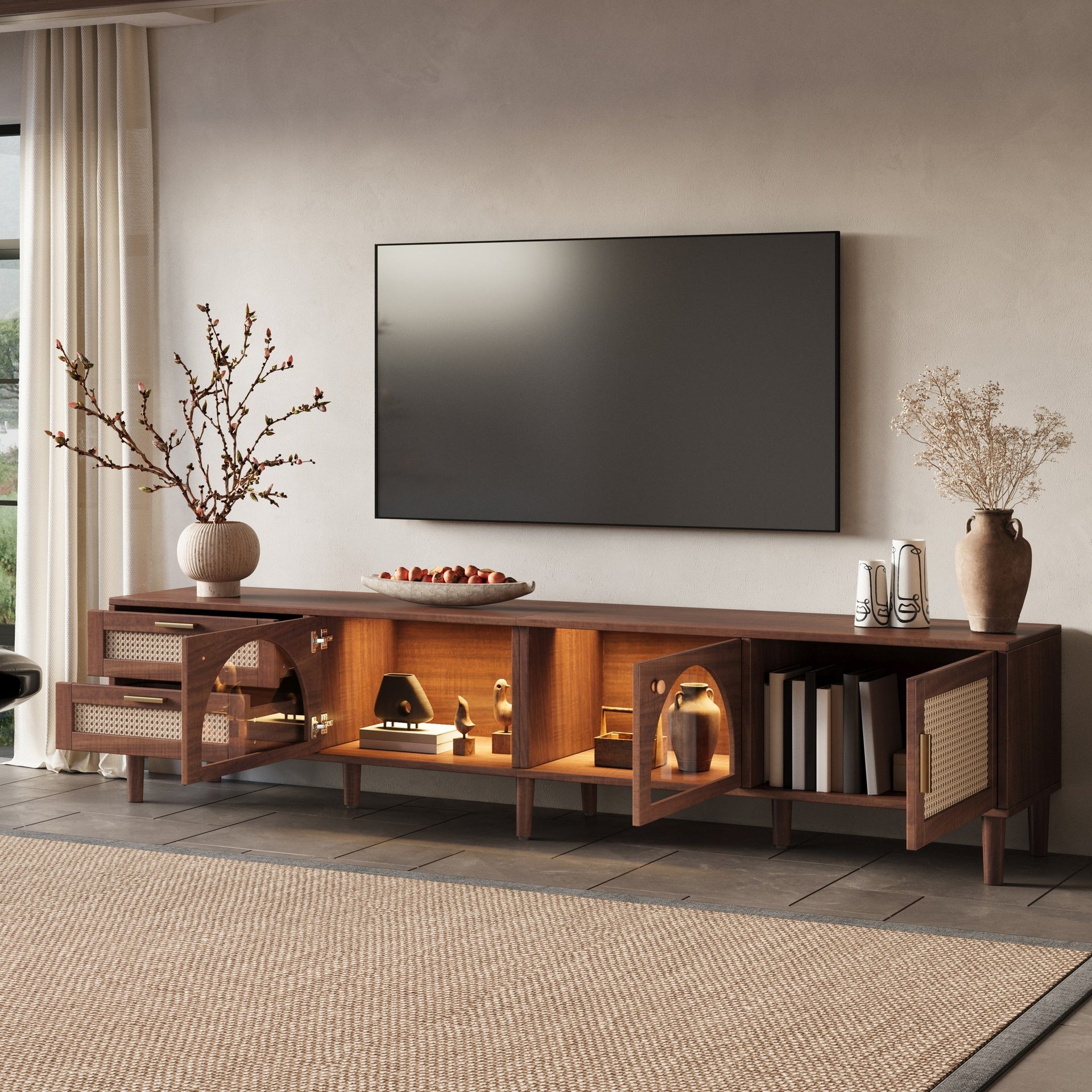 86 inch TV Stand for TVs up to 90", Entertainment Center with App Controlled LED Lights, 2 Drawers & Glass Door Storage, Modern Media Console for Living Room