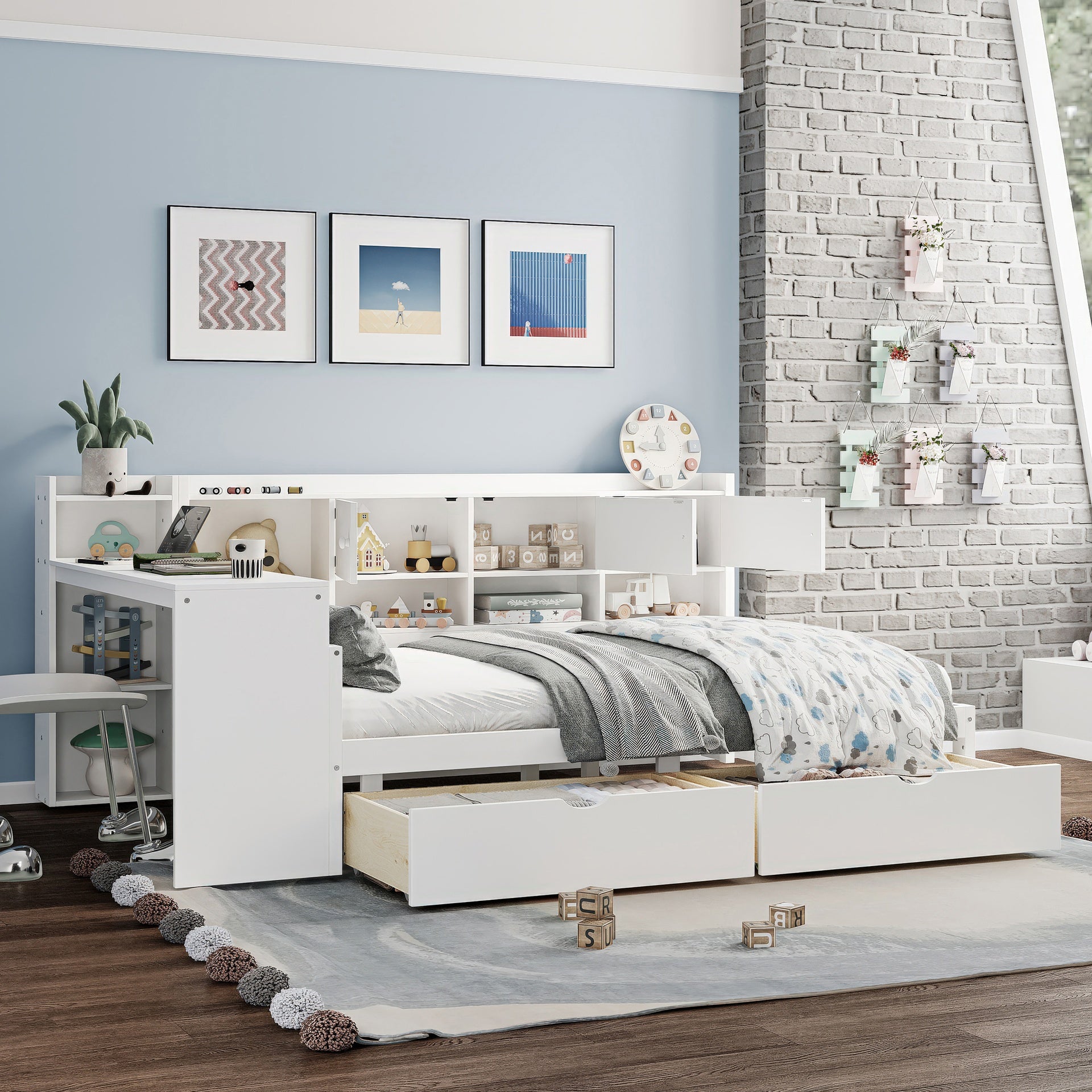 Full Size Wooden L-Shape Daybed with Seven Storage Cabinets and Two Storage Drawers, Multi-functional Bed with Study Desk and Built-in Bookshelf, White(old SKU: N733S247077K)