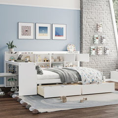 Full Size Wooden L-Shape Daybed with Seven Storage Cabinets and Two Storage Drawers, Multi-functional Bed with Study Desk and Built-in Bookshelf, White(old SKU: N733S247077K)