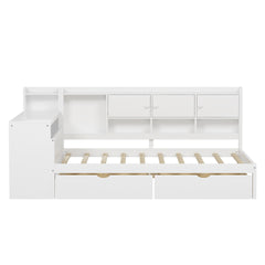 Full Size Wooden L-Shape Daybed with Seven Storage Cabinets and Two Storage Drawers, Multi-functional Bed with Study Desk and Built-in Bookshelf, White(old SKU: N733S247077K)