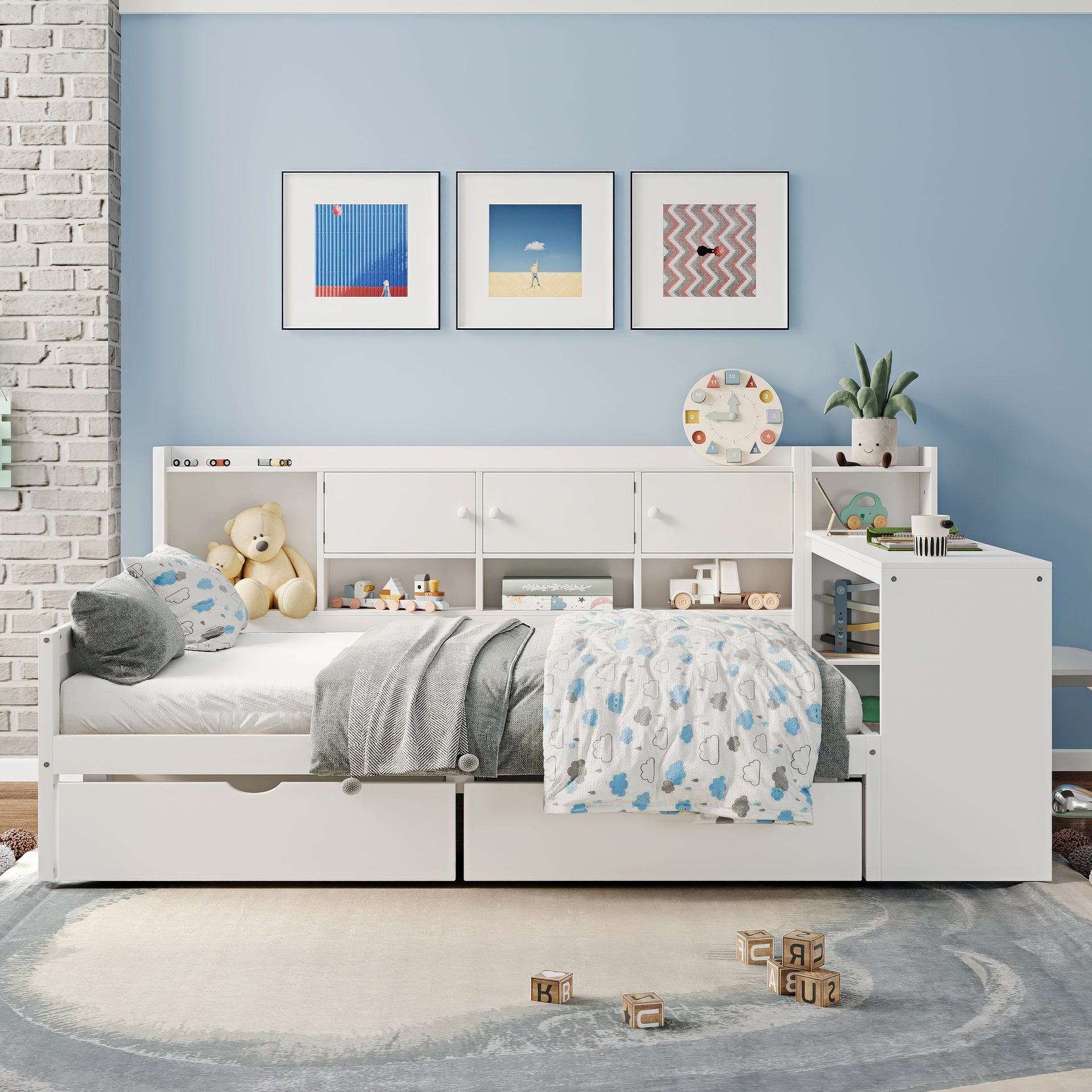 Full Size Wooden L-Shape Daybed with Seven Storage Cabinets and Two Storage Drawers, Multi-functional Bed with Study Desk and Built-in Bookshelf, White(old SKU: N733S247077K)