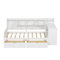 Full Size Wooden L-Shape Daybed with Seven Storage Cabinets and Two Storage Drawers, Multi-functional Bed with Study Desk and Built-in Bookshelf, White(old SKU: N733S247077K)