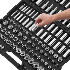 Socket Set, 163 Pieces, 3/8 & 1/4 & 1/2 inch Drive Socket Tool Set, SAE and Metric, Deep and Standard, Mechanic Tool Kit with Storage Case, Chrome Plated CR-V Alloy Steel, for Automotive Repair