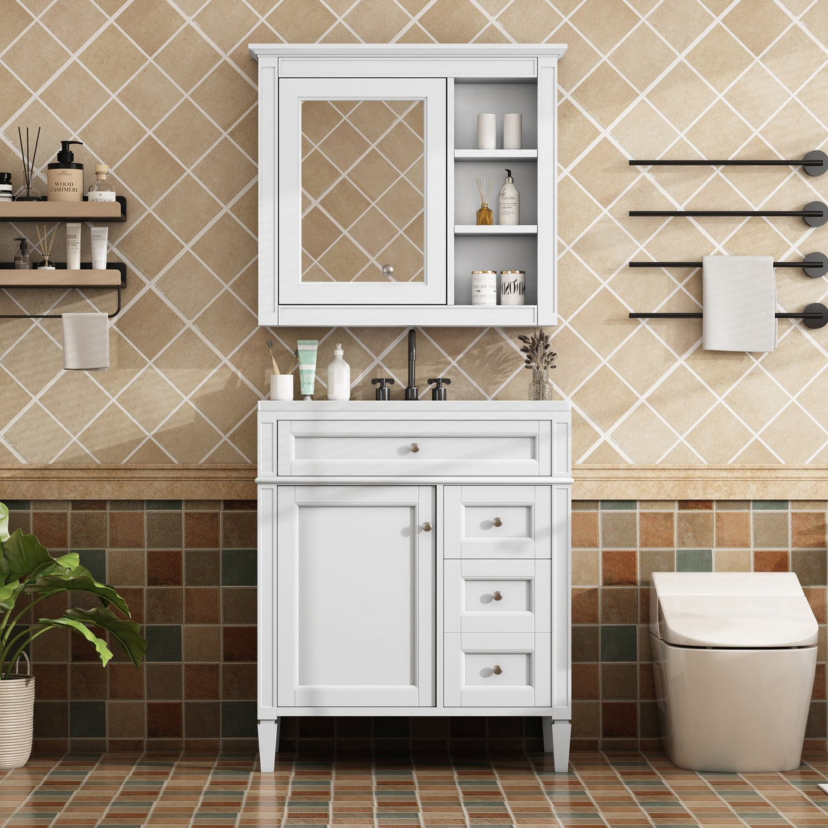 30'' Bathroom Vanity with Top Sink, Modern Bathroom Storage Cabinet with 2 Drawers and a Tip-out Drawer, Freestanding Vanity Set with Mirror Cabinet, Single Sink Bathroom Vanity