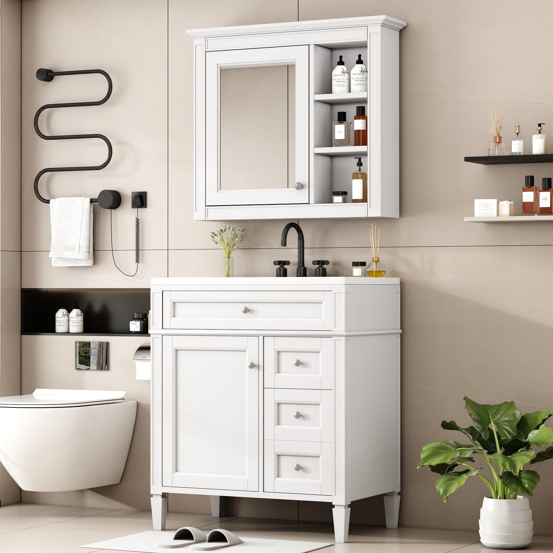 30'' Bathroom Vanity with Top Sink, Modern Bathroom Storage Cabinet with 2 Drawers and a Tip-out Drawer, Freestanding Vanity Set with Mirror Cabinet, Single Sink Bathroom Vanity