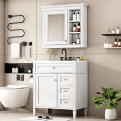 30'' Bathroom Vanity with Top Sink, Modern Bathroom Storage Cabinet with 2 Drawers and a Tip-out Drawer, Freestanding Vanity Set with Mirror Cabinet, Single Sink Bathroom Vanity