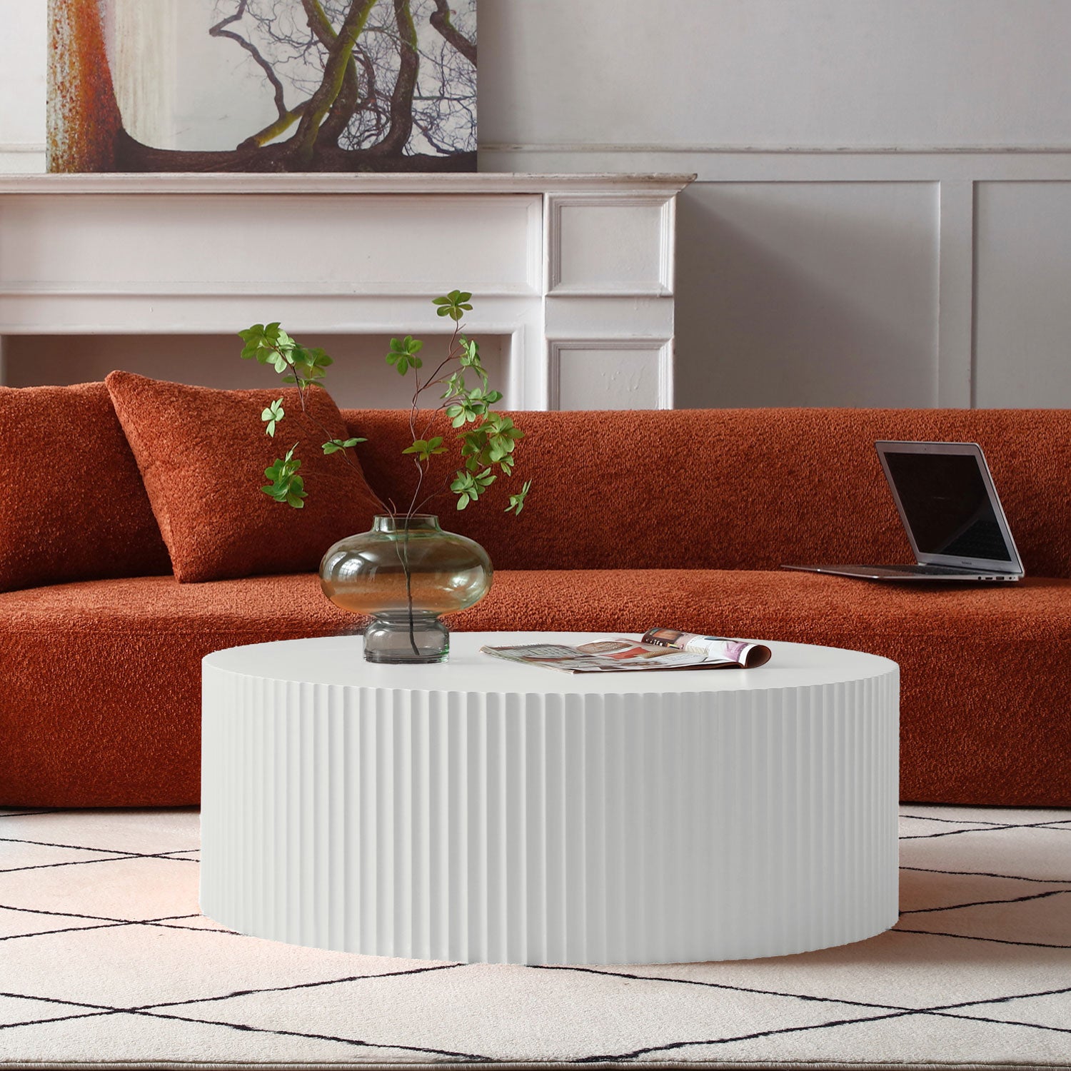 Contemporary Round Coffee Table with Handcrafted Relief, φ35.43inch, Whtie(Same Sku:W876P252232)
