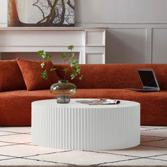 Contemporary Round Coffee Table with Handcrafted Relief, φ35.43inch, Whtie(Same Sku:W876P252232)