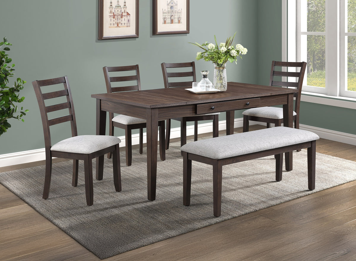 6pc Dining Set Multifunctional Table Upholstered Chair Bench Rich Wood Finish Dual Ended Hidden Storage Compartments Two Built-in Side Drawers Wooden Dining Room Furniture Wooden Dining Room Furniture