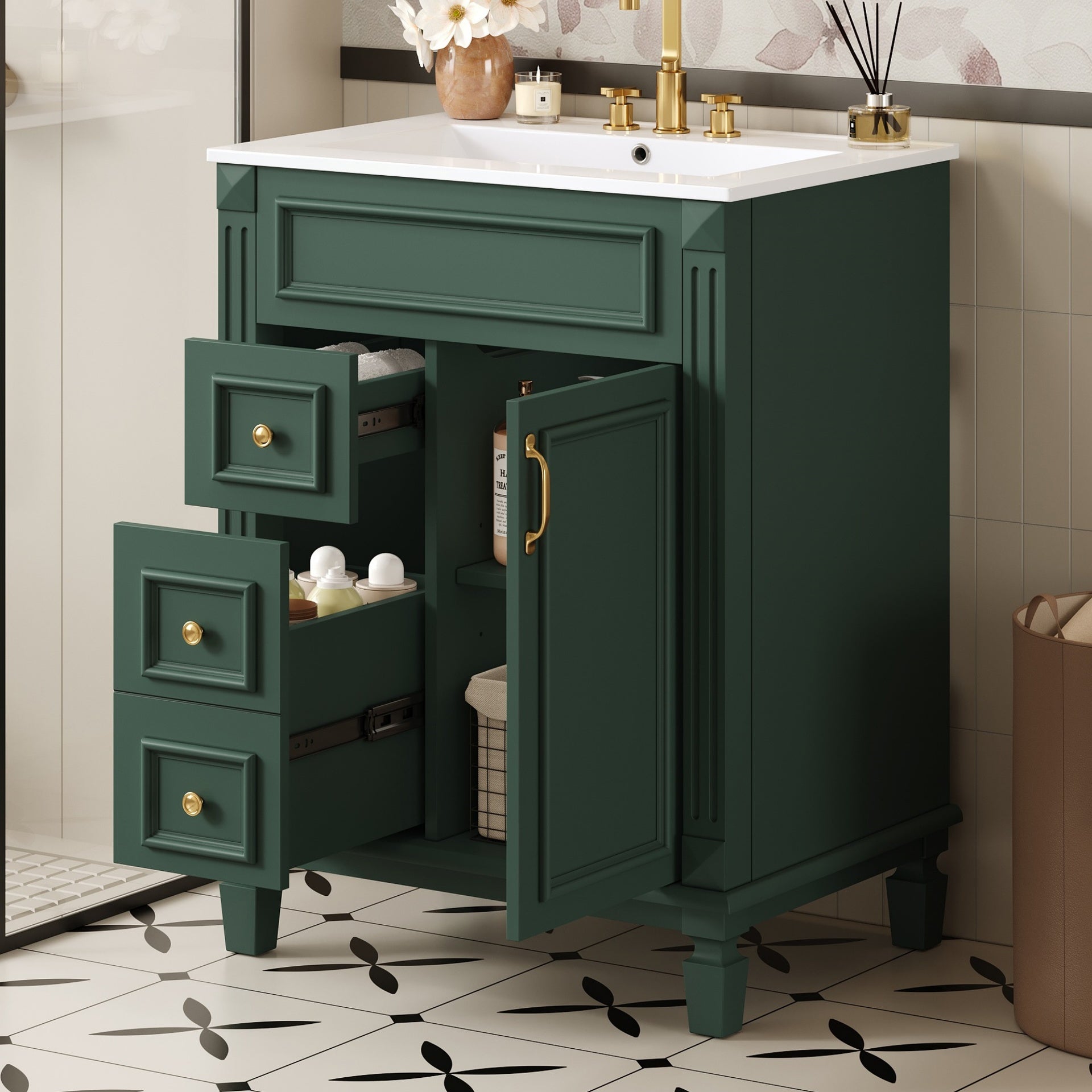 24" Bathroom Vanity with Ceramic Sink, Small Bathroom Sink Cabinet, Modern Cabinet with 2 Drawers and Adjustable Shelf