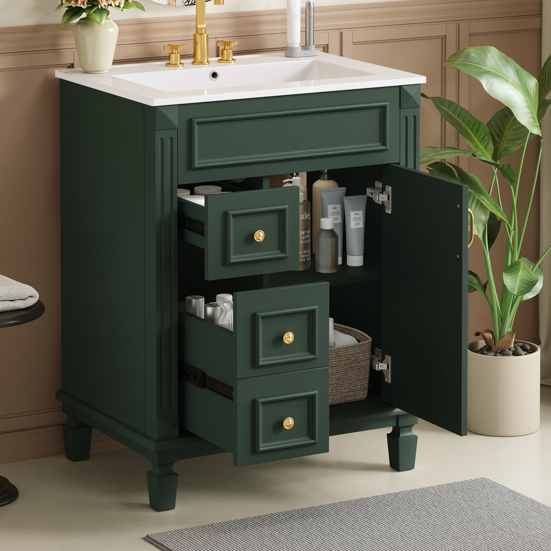 24" Bathroom Vanity with Ceramic Sink, Small Bathroom Sink Cabinet, Modern Cabinet with 2 Drawers and Adjustable Shelf