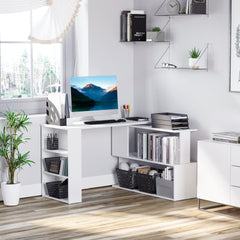 L Shaped Corner Desk, 360 Degree Rotating Home Office Desk with Storage Shelves, Writing Table Workstation, White