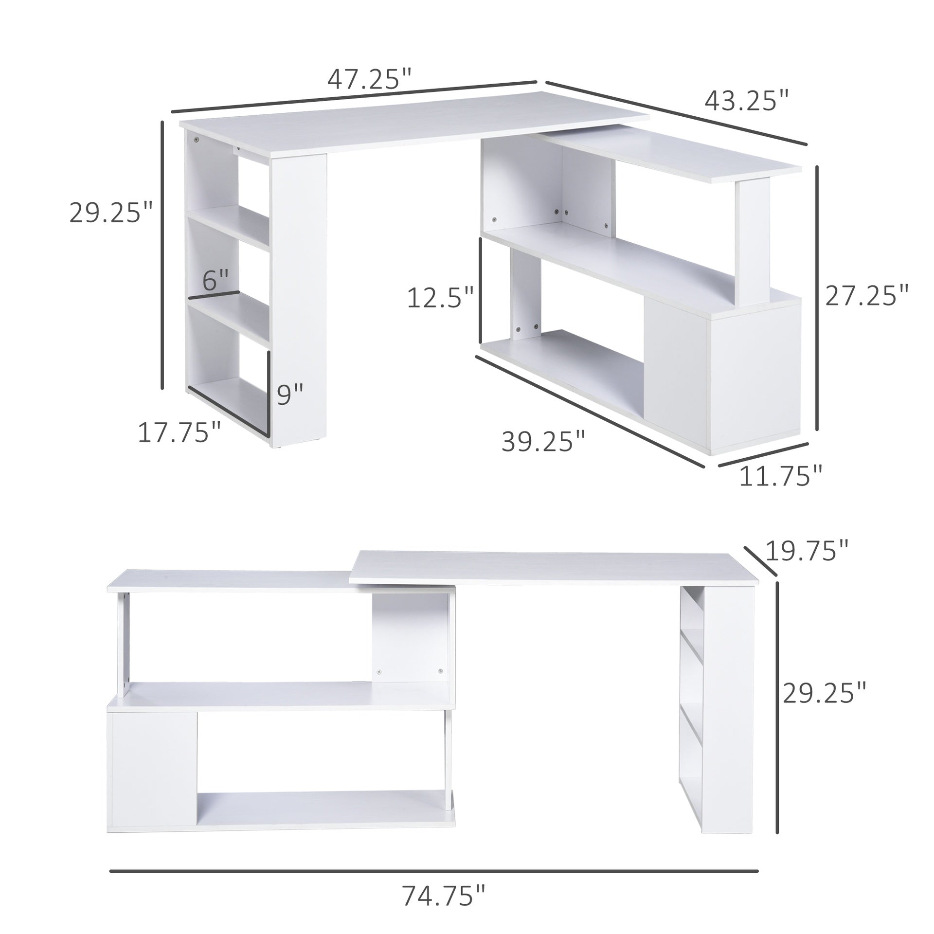 L Shaped Corner Desk, 360 Degree Rotating Home Office Desk with Storage Shelves, Writing Table Workstation, White