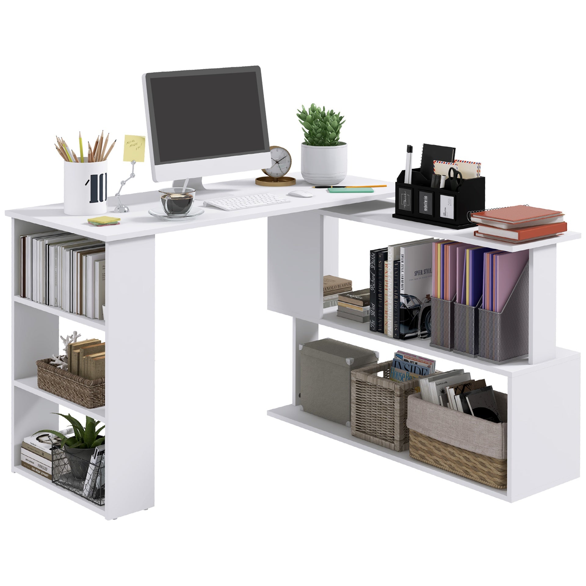 L Shaped Corner Desk, 360 Degree Rotating Home Office Desk with Storage Shelves, Writing Table Workstation, White