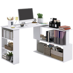 L Shaped Corner Desk, 360 Degree Rotating Home Office Desk with Storage Shelves, Writing Table Workstation, White