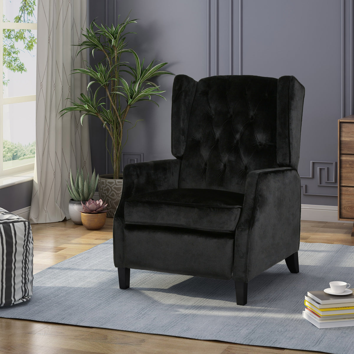 Pushback Recliner Chair, Fabric Armchair Push Back Recliner with Rivet Decoration, Mid Century Wingback Accent Chair for Living Room, Bedroom