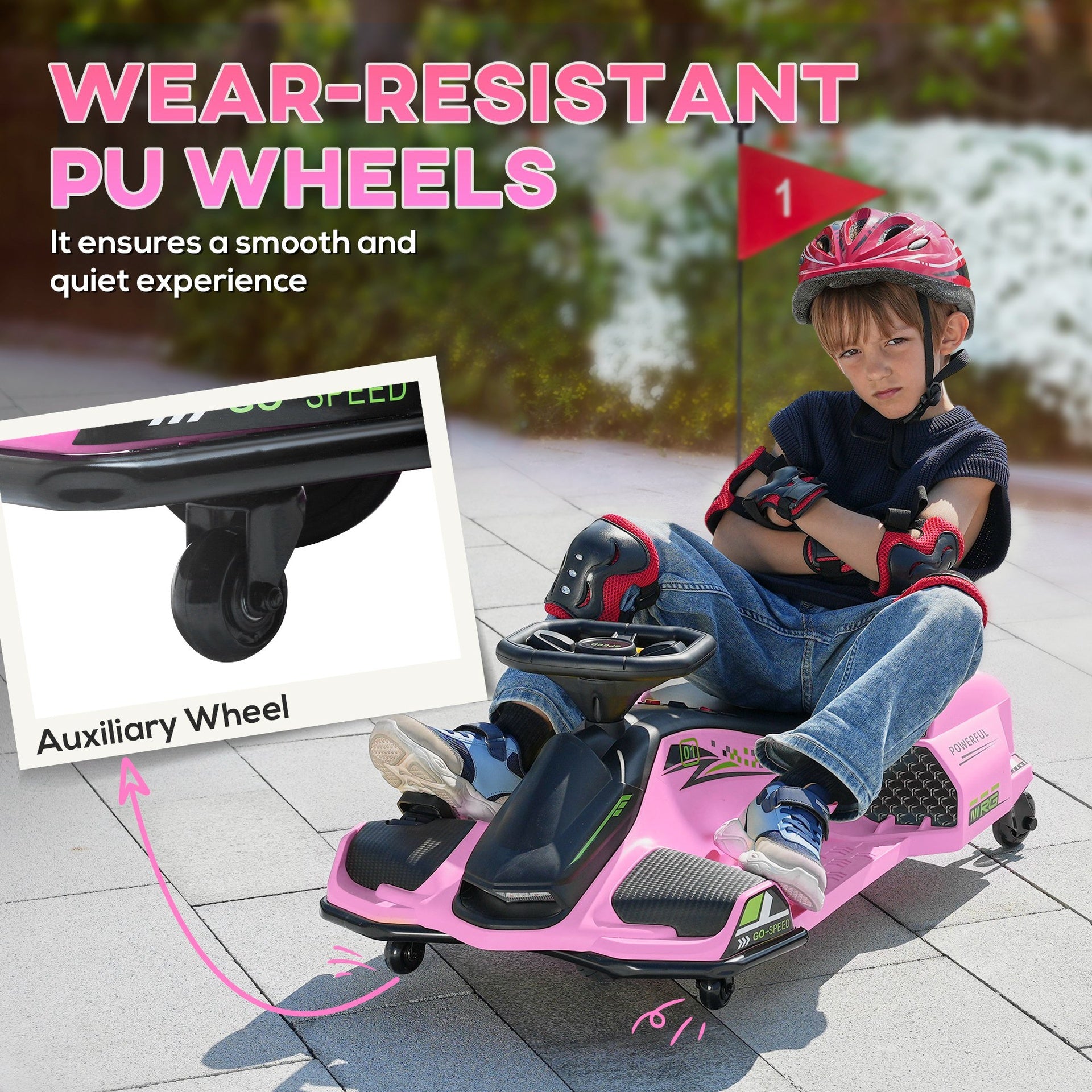 Aosom 12V Electric Go Kart, 5 MPH Drifting Car, Battery Powered Ride on Toy Outdoor with Slow Start, Music, Colorful Lights, for 8-12 Years Old, Pink