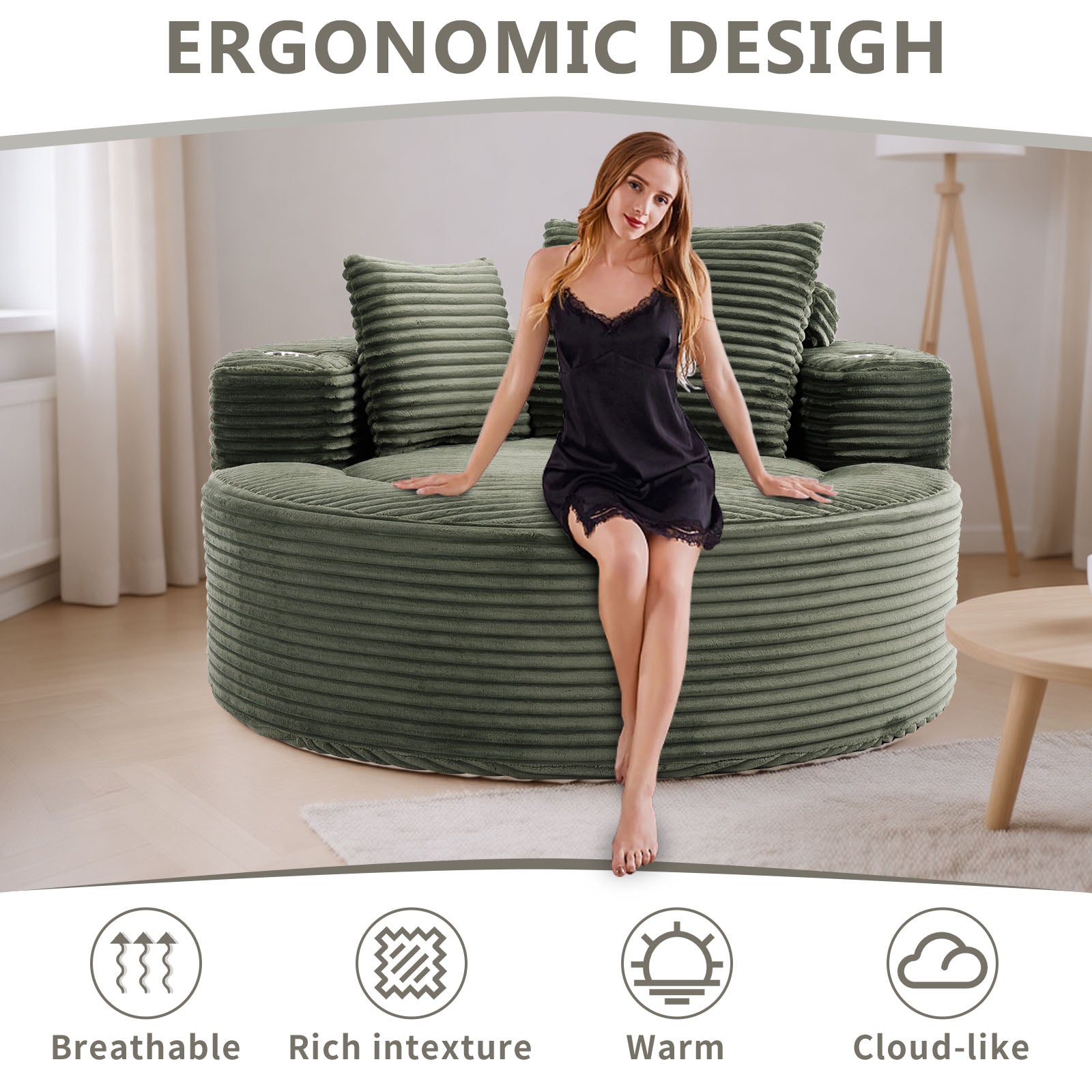 Round Sofa Bed with Memory Foam Sectional Couches for Living Room, Cloud Couch with three pillows, Green