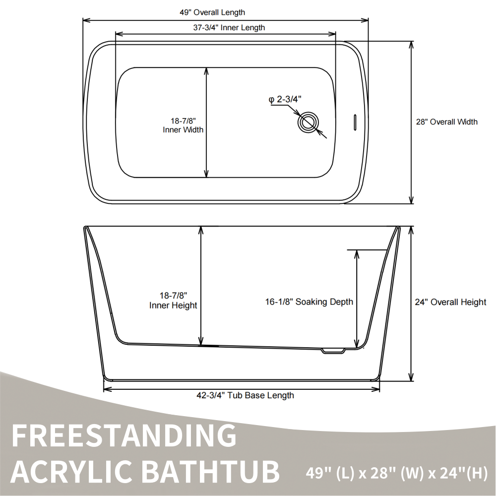 49'' Acrylic Freestanding Soaking Bathtub, Square-shape Japanese Soaking Hot Tub, Chrome Overflow and Quick Drain, Glossy White GF-26A01-49