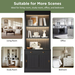 83.4"Tall Bookshelf Suite with LED Lighting, Modern Bookcase Suite with Sliding Doors,Drawers and Open Shelves,Storage Bookshelf for Living Room,Home Office,Black