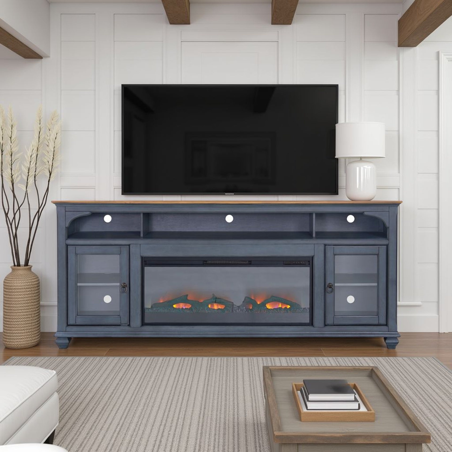 Americana 86 in Fireplace TV Stand for TVs up to 95 inches, Corduroy Blue Finish