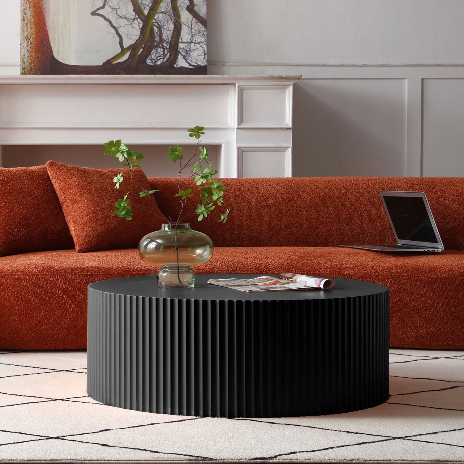 Sleek and Modern Round Coffee Table with Eye-Catching Relief Design, Black(Same Sku:W876P252219)