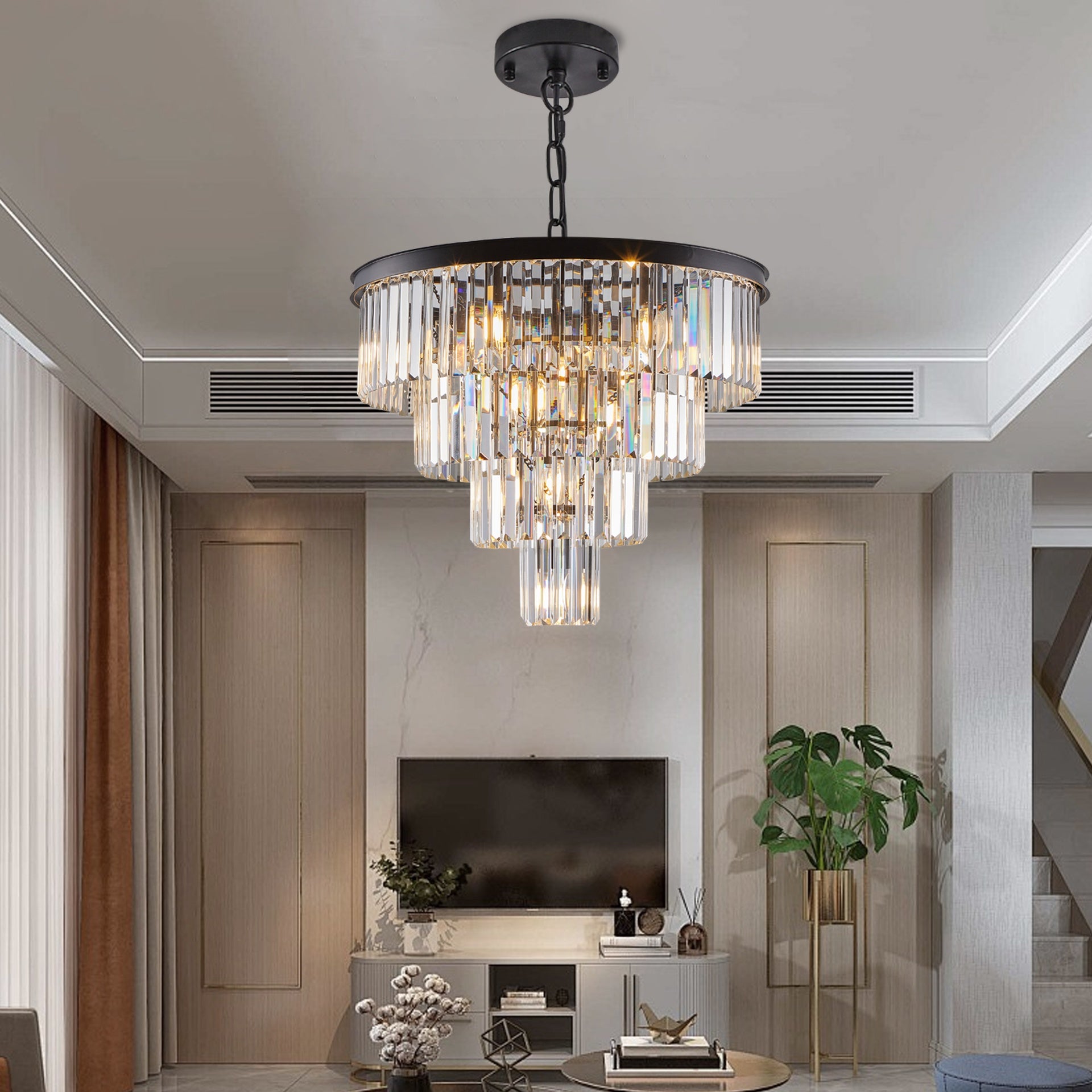 24" Contemporary Crystal Modern Chandeliers Crystal Ceiling Chandelier 4 Tier Black Chandelier Lighting for Dining Room Living Room Bedroom (Bulbs Not included)
