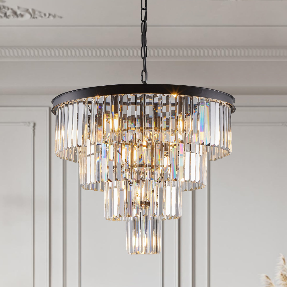 24" Contemporary Crystal Modern Chandeliers Crystal Ceiling Chandelier 4 Tier Black Chandelier Lighting for Dining Room Living Room Bedroom (Bulbs Not included)