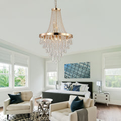 20" Modern Crystal Pendant Chandelier with Golden Finish – Elegant 11-Light Hanging Light Fixture Tiered Design for Dining Room, Living Room, or Entryway (No Bulbs)